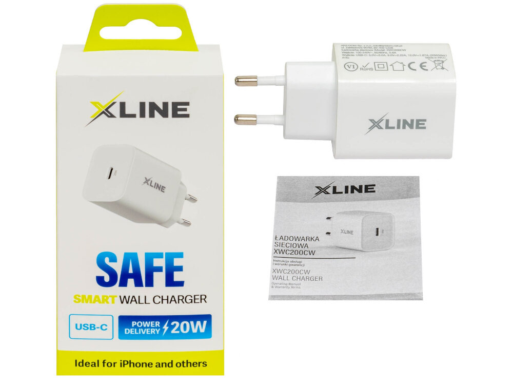 Na obrazie widoczna jest biała ładowarka sieciowa z logo XLINE oraz jej opakowanie z napisem \'SAFE SMART WALL CHARGER\'. Obok znajduje się instrukcja z tekstem \'ŁADOWARKA SIECIOWA XWC200CW\'.
