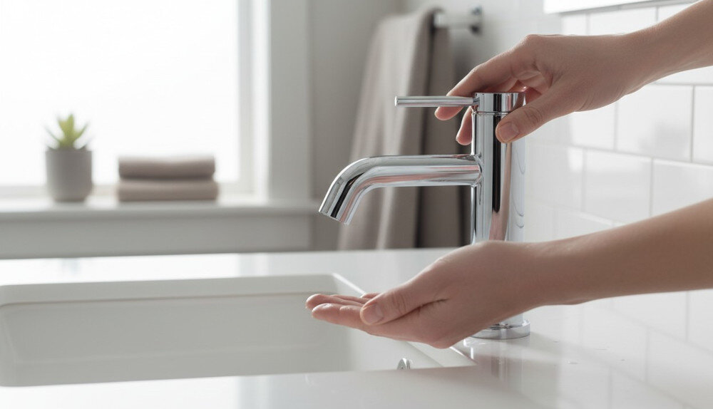 BATERIA UMYWALKOWA HANSGROHE TECTURIS Zbliżenie chromowanej baterii umywalkowej, przy której jedna dłoń reguluje uchwyt, a druga znajduje się pod wylewką. W tle widoczna jasna łazienka z oknem, ręcznikiem i rośliną, podkreślająca czysty, minimalistyczny styl wnętrza jednouchwytowa bateria umywalkowa Tecturis S 80 design inteligentne technologie komfort użytkowania
