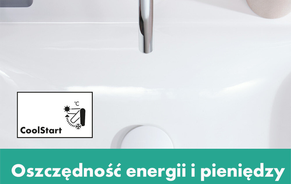 BATERIA UMYWALKOWA HANSGROHE TECTURIS Zbliżenie na białą umywalkę z wylewką baterii nad odpływem oraz ikoną „CoolStart”. Na dole widoczny napis „Oszczędność energii i pieniędzy”, podkreślający energooszczędną funkcję baterii EcoSmart+ 4 l min oszczędność wody CoolStart mniejsze zużycie energii