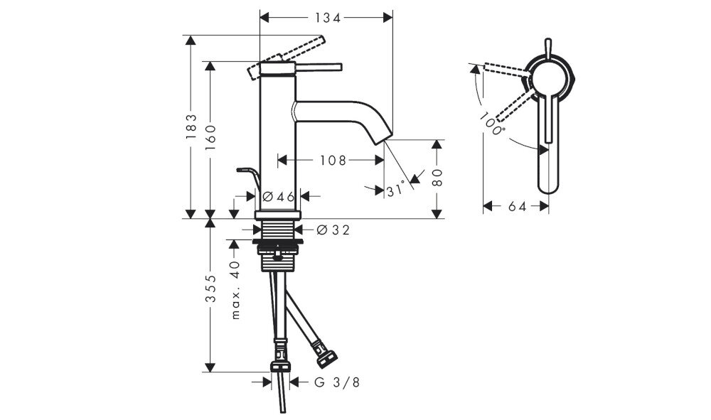BATERIA UMYWALKOWA HANSGROHE TECTURIS Rysunek techniczny baterii umywalkowej z zaznaczonymi wymiarami, m.in. wysokość całkowita 183 mm, wysokość wylewki 80 mm, zasięg 108 mm oraz średnica otworu montażowego Ø32–46. Widoczny jest też widok z góry pokazujący zakres ruchu uchwytu i szczegóły elementów montażowych (G 3/8) bateria umywalkowa stojąca głowica ceramiczna chrom mosiądz