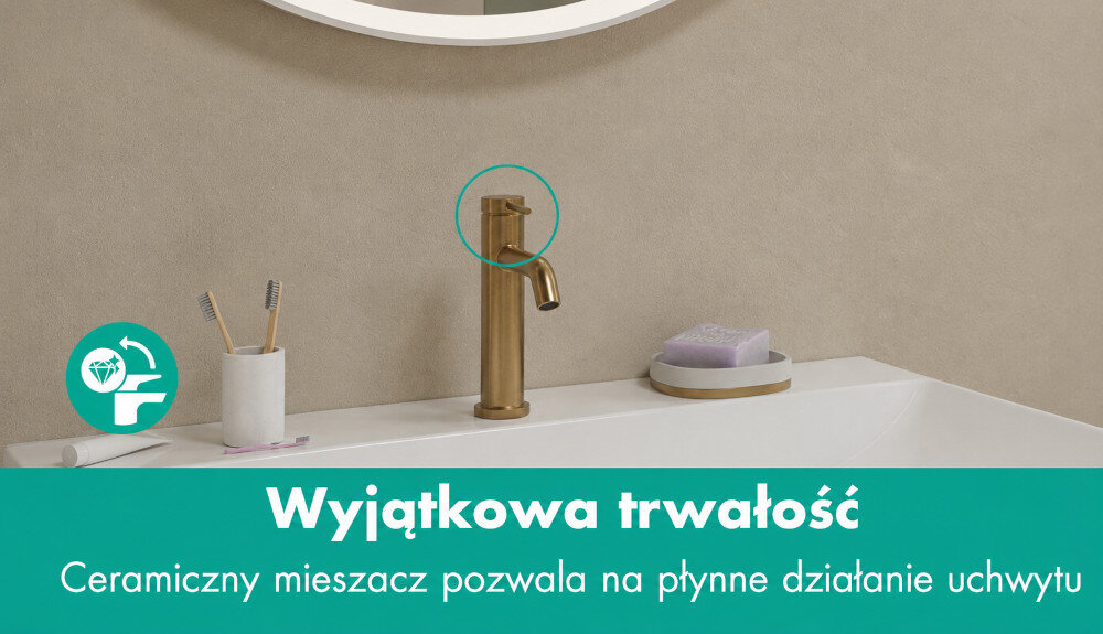 BATERIA UMYWALKOWA HANSGROHE TECTURIS Bateria umywalkowa hansgrohe z ceramiczną głowicą. Grafika podkreśla trwałość i płynne działanie uchwytu ceramiczna głowica komplet odpływowy brąz szczotkowany bateria trwała konstrukcja