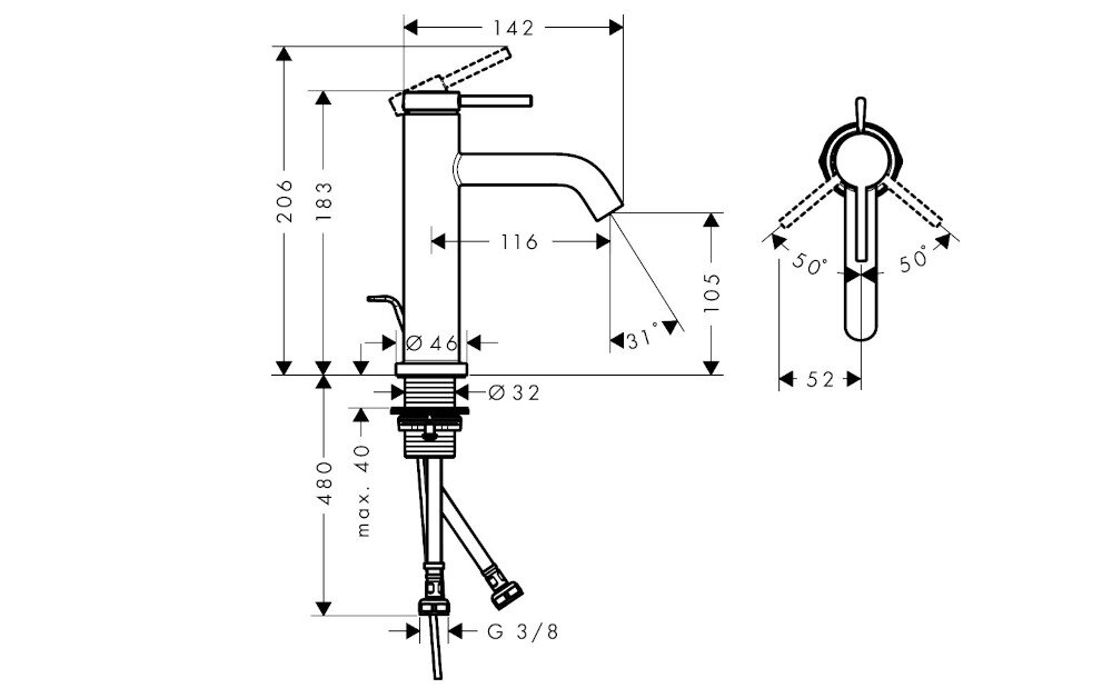 BATERIA UMYWALKOWA HANSGROHE TECTURIS Rysunek techniczny baterii z podanymi wymiarami i zakresem ruchu uchwytu. Schemat prezentuje szczegóły konstrukcji urządzenia