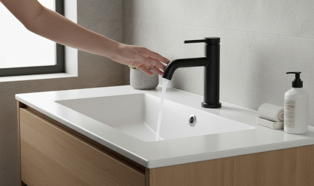 BATERIA UMYWALKOWA HANSGROHE TECTURIS Zbliżeniea baterii umywalkowej w kolorze czarnym zamontowanej na białej umywalce z drewnianą szafką. Strumień wody spływa do dłoni trzymanych pod wylewką, a w tle widoczne są jasne płytki ścienne i niewielka roślina, co podkreśla elegancki, minimalistyczny styl łazienki jednouchwytowa bateria umywalkowa Tecturis S 80 design inteligentne technologie komfort użytkowania
