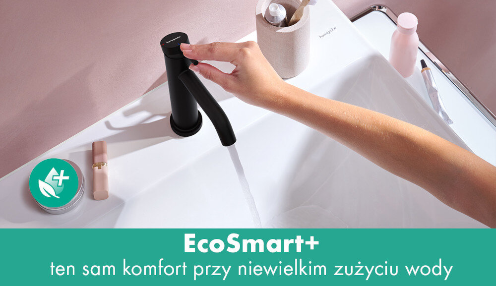 BATERIA UMYWALKOWA HANSGROHE TECTURIS Bateria umywalkowa hansgrohe z technologią EcoSmart+ podczas użytkowania. Grafika podkreśla niższe zużycie wody przy zachowaniu komfortowego strumienia EcoSmart+ oszczędność wody 4 l/min AirPower napowietrzony strumień