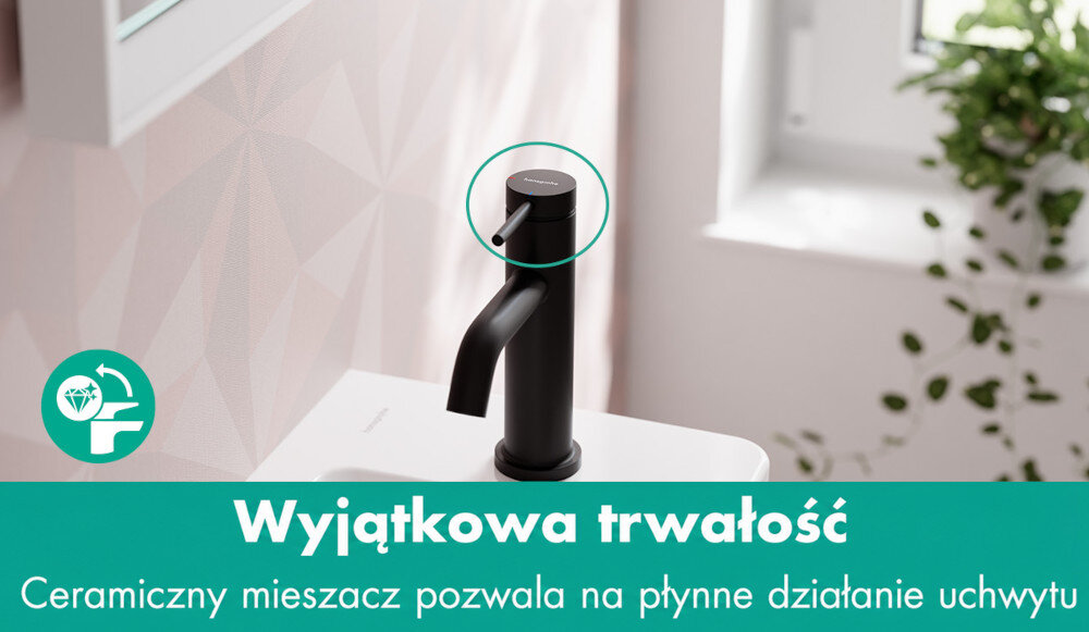 BATERIA UMYWALKOWA HANSGROHE TECTURIS Bateria umywalkowa hansgrohe z ceramiczną głowicą. Grafika podkreśla trwałość i płynne działanie uchwytu ceramiczna głowica komplet odpływowy czarny mat bateria trwała konstrukcja