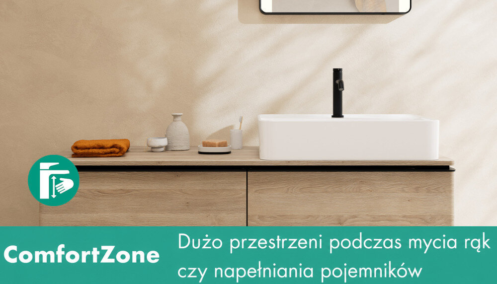 BATERIA UMYWALKOWA HANSGROHE TECTURIS Bateria umywalkowa hansgrohe z ceramicznym mieszaczem zapewniającym płynną regulację strumienia i temperatury wody. Grafika podkreśla trwałość oraz niezawodne działanie mechanizmu ComfortZone 110 wygodna umywalka zasięg 116 mm komfort użytkowania