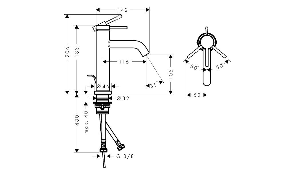 BATERIA UMYWALKOWA HANSGROHE TECTURIS Rysunek techniczny baterii z podanymi wymiarami i zakresem ruchu uchwytu. Schemat prezentuje szczegóły konstrukcji urządzenia