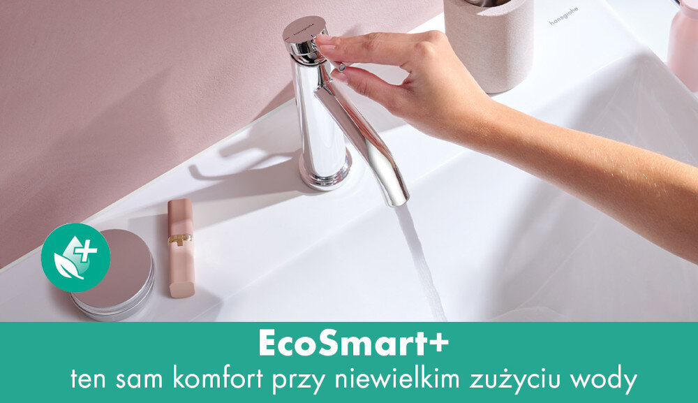 BATERIA UMYWALKOWA HANSGROHE TECTURIS Bateria umywalkowa hansgrohe z technologią EcoSmart+ podczas użytkowania. Grafika podkreśla niższe zużycie wody przy zachowaniu komfortowego strumienia EcoSmart+ oszczędność wody 4 l/min AirPower napowietrzony strumień