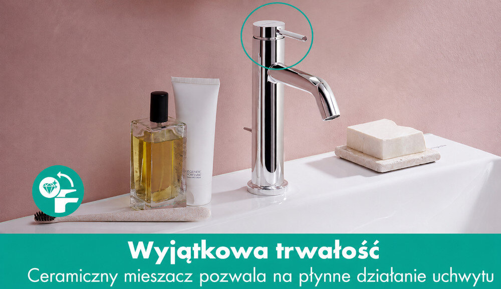 BATERIA UMYWALKOWA HANSGROHE TECTURIS Bateria umywalkowa hansgrohe z ceramiczną głowicą. Grafika podkreśla trwałość i płynne działanie uchwytu ceramiczna głowica komplet odpływowy chromowana bateria trwała konstrukcja