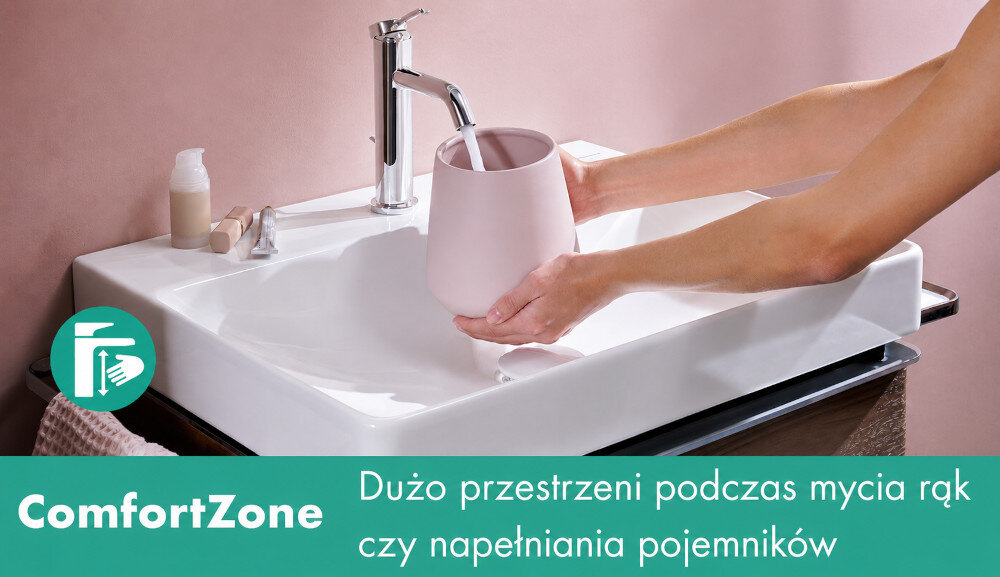 BATERIA UMYWALKOWA HANSGROHE TECTURIS Bateria umywalkowa hansgrohe z ceramicznym mieszaczem zapewniającym płynną regulację strumienia i temperatury wody. Grafika podkreśla trwałość oraz niezawodne działanie mechanizmu ComfortZone 110 wygodna umywalka zasięg 116 mm komfort użytkowania