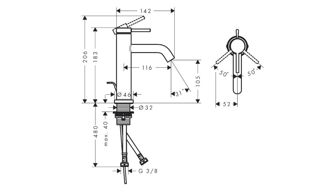 BATERIA UMYWALKOWA HANSGROHE TECTURIS Rysunek techniczny baterii z podanymi wymiarami i zakresem ruchu uchwytu. Schemat prezentuje szczegóły konstrukcji urządzenia