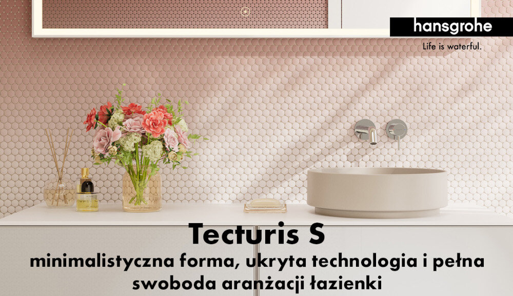 BATERIA UMYWALKOWA PODTYNKOWA HANSGROHE TECTURIS Aranżacja łazienki z baterią Tecturis S i umywalką nablatową. Grafika podkreśla prostą formę i estetykę rozwiązania
