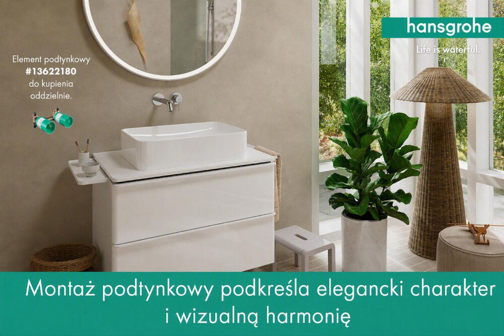 BATERIA UMYWALKOWA PODTYNKOWA HANSGROHE TECTURIS Bateria podtynkowa hansgrohe zamontowana nad umywalką nablatową. Montaż podtynkowy podkreśla minimalistyczny wygląd strefy umywalkowej bateria umywalkowa Tecturis S bateria podtynkowa design elegancka łazienka