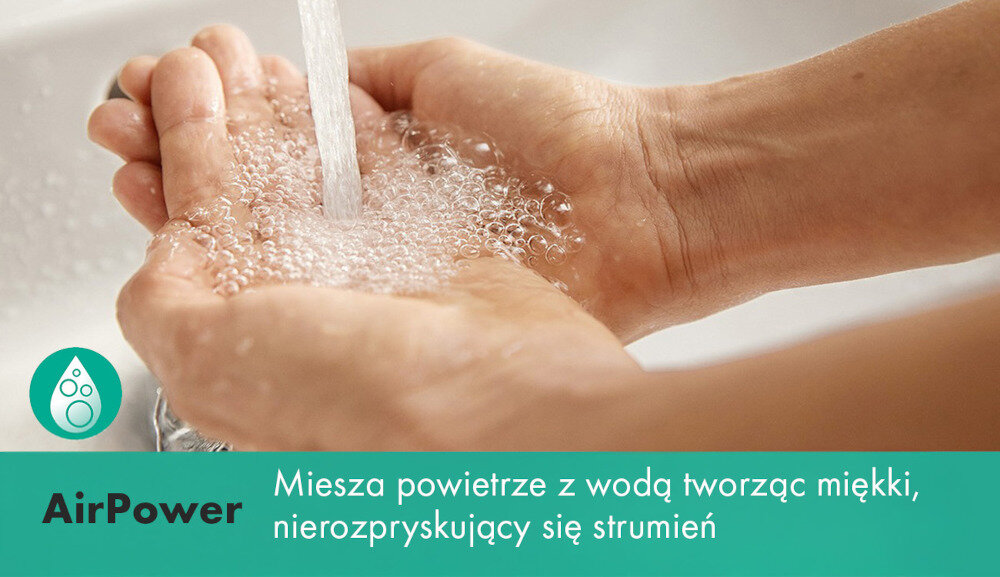 BATERIA UMYWALKOWA PODTYNKOWA HANSGROHE TECTURIS Grafika przedstawia technologię AirPower. Strumień wody jest napowietrzany, co zwiększa komfort użytkowania AirPower napowietrzanie strumienia miękki strumień wody komfort użytkowania