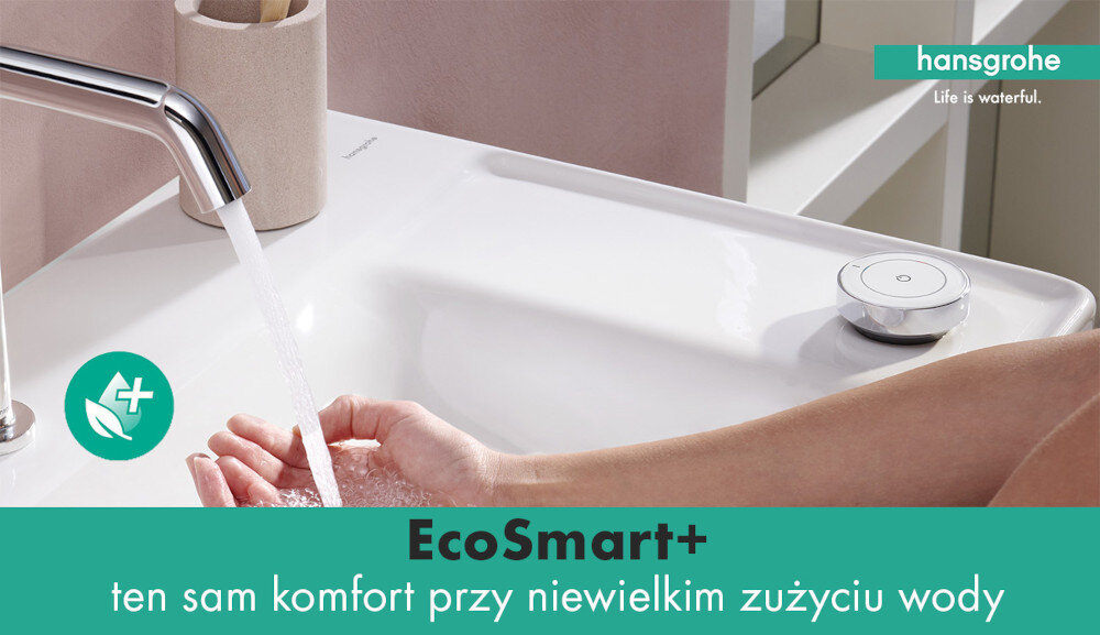 BATERIA UMYWALKOWA PODTYNKOWA HANSGROHE TECTURIS Grafika prezentuje technologię EcoSmart+. Rozwiązanie pomaga ograniczyć zużycie wody przy zachowaniu komfortowego strumienia EcoSmart+ oszczędność wody przepływ 4 l/min ekologiczna bateria