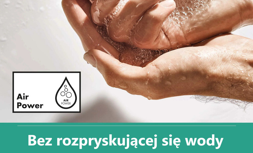 Dłonie trzymające wodę z bąbelkami, obok logo z napisem \'Air Power\'. Na dole napis \'Bez rozpryskującej się wody\'.