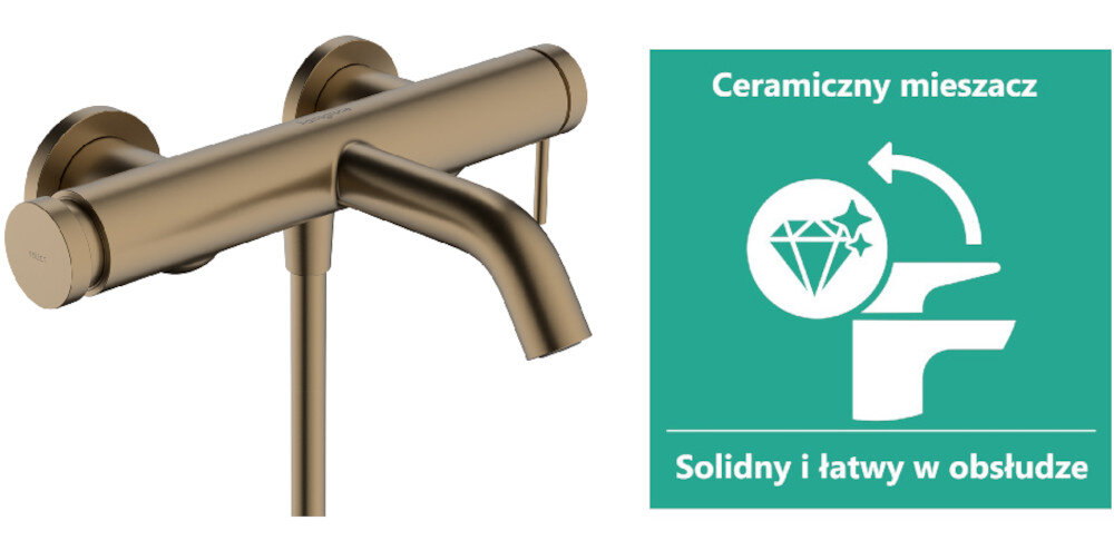Obraz przedstawia baterię wannową w kolorze brązu szczotkowanego. Obok znajduje się grafika z tekstem: \'Ceramiczny mieszacz, Solidny i łatwy w obsłudze\'.