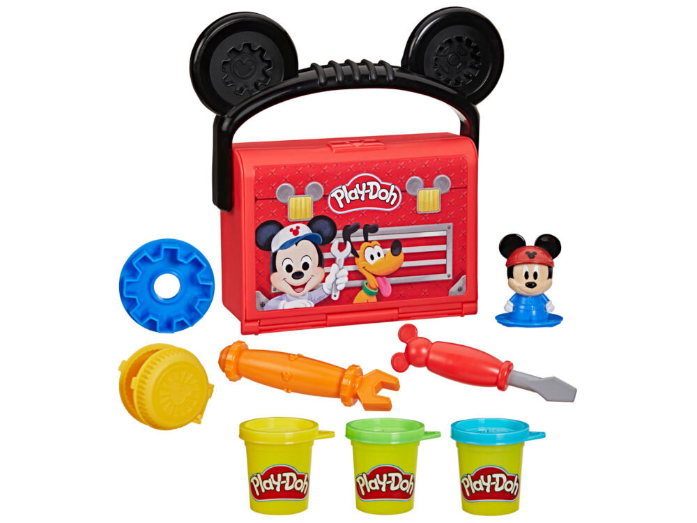 Ciastolina PLAY-DOH Disney Junior Mickey Mouse Przenośny garaż Pełna zawartość zestawu Play-Doh Disney Mickey Mouse Clubhouse: czerwona walizeczka z rączką-uszami, figurka Miki, pomarańczowy klucz, czerwony śrubokręt, niebieska i żółta foremka oraz trzy tuby ciastoliny w kolorach żółtym, zielonym i niebieskim.