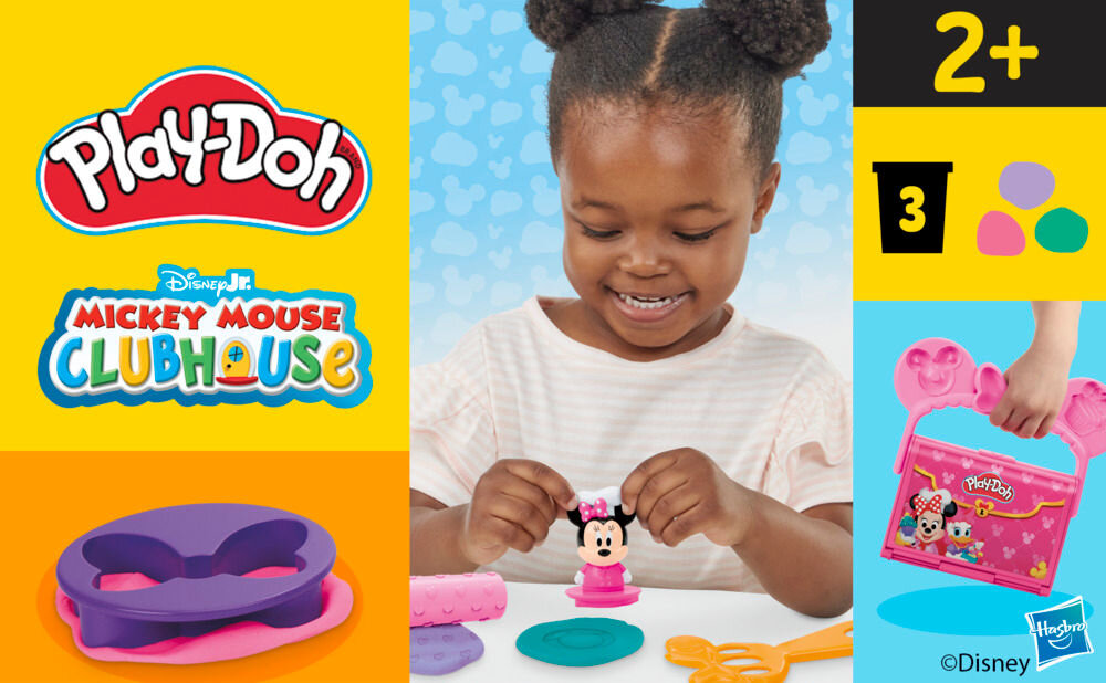 Ciastolina PLAY-DOH Disney Junior Mickey Mouse Przenośna cukiernia G31085X0 Opakowanie zestawu Play-Doh Disney Mickey Mouse Clubhouse z uśmiechniętą dziewczynką bawiącą się figurką Myszki Minnie. Widoczne logo Play-Doh, oznaczenie wieku 2+ oraz informacja o 3 tubach ciastoliny i akcesoriach w różowej walizeczce.
