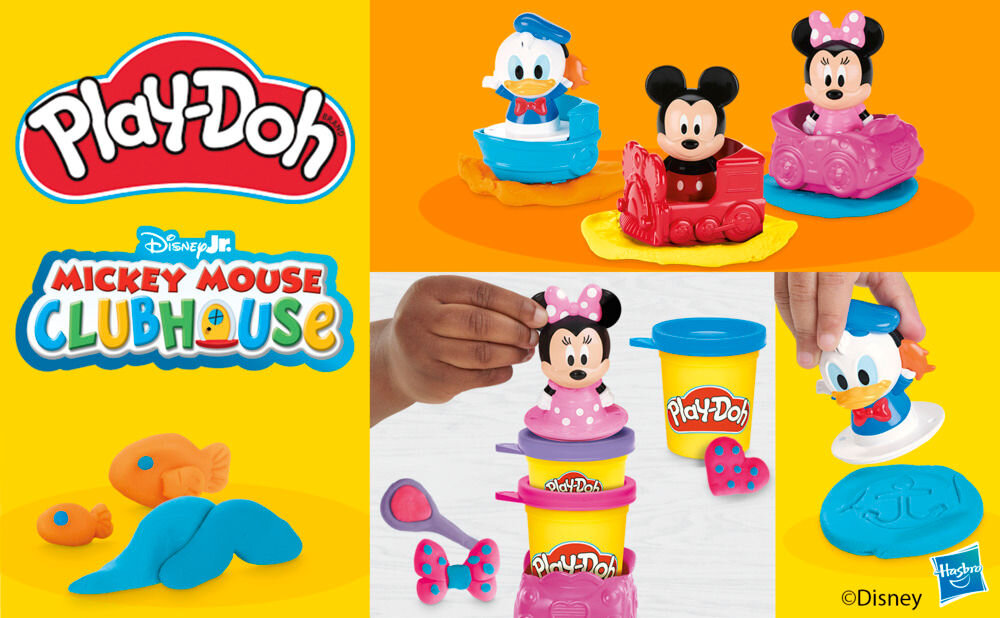 Ciastolina PLAY-DOH Disney Junior zestaw pieczątek G31105L0 Kolaż prezentujący elementy zestawu Play-Doh Mickey Mouse Clubhouse: figurka Miki-mechanik, pomarańczowy klucz, czerwony śrubokręt, niebieska forma oraz żółta i zielona masa plastyczna z odciśniętymi wzorami.