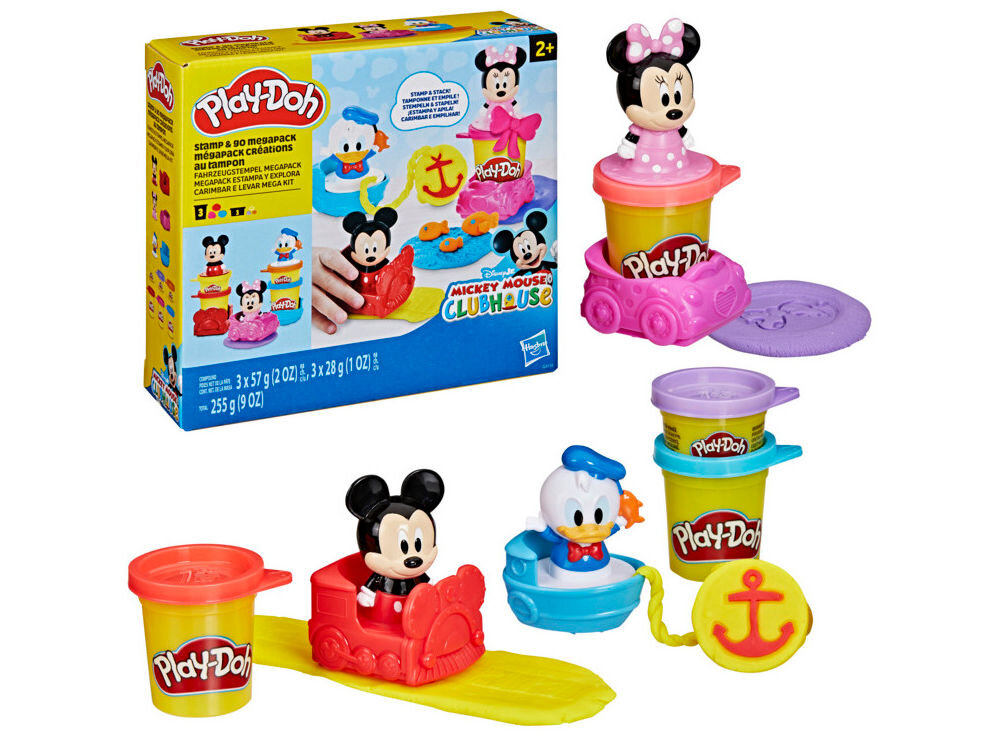 Ciastolina PLAY-DOH Disney Junior zestaw pieczątek G31105L0 Pełna prezentacja zawartości zestawu Play-Doh Disney Mickey Mouse: czerwona walizeczka-warsztat, figurka Miki, klucz płaski, śrubokręt, dwie formy kół zębatych oraz trzy tuby ciastoliny (żółta, zielona, niebieska).