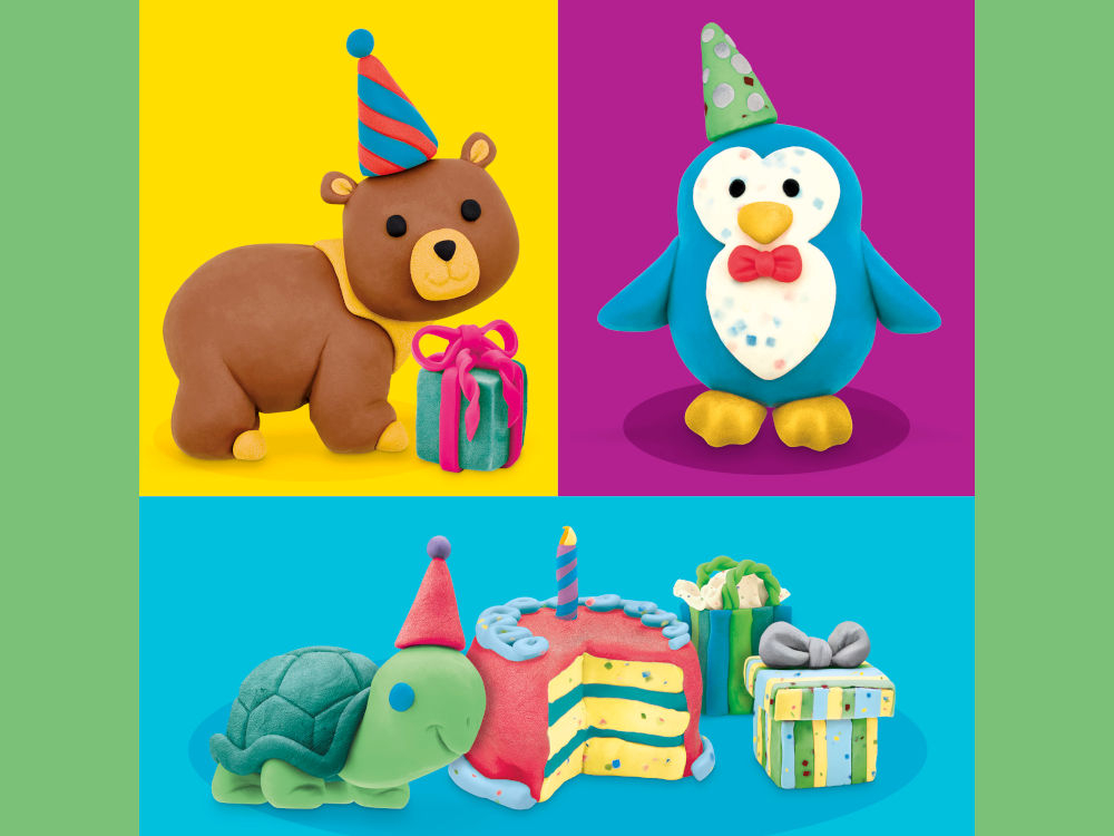 Ciastolina PLAY-DOH Twórz i świętuj zestaw 20 tub G24675L0 Opakowanie zestawu Play-Doh Disney Mickey Mouse Clubhouse z uśmiechniętą dziewczynką. Widoczne logo Play-Doh, kategoria wiekowa 2+, informacja o 3 tubach masy plastycznej oraz grafiki przedstawiające figurkę Myszki Minnie i akcesoria w różowej walizeczce.