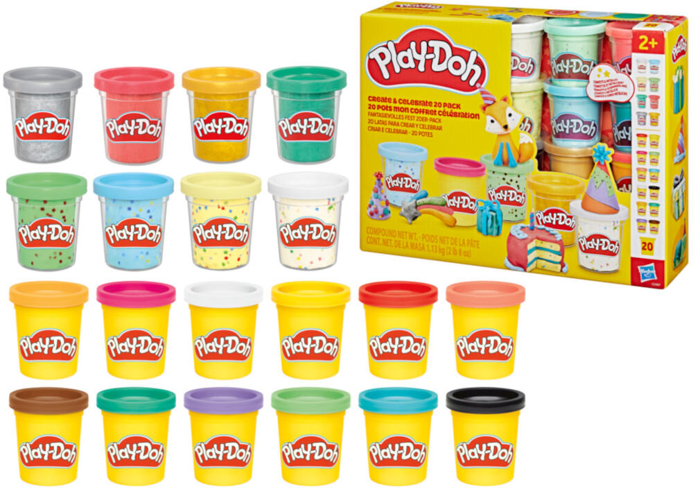 Ciastolina PLAY-DOH Twórz i świętuj zestaw 20 tub G24675L0 Prezentacja różowej matrycy Play-Doh z różnorodnymi kształtami do wyciskania. Widoczne gotowe elementy z fioletowej i turkusowej masy: głowa Myszki Miki z różnymi teksturami (paski, gwiazdki, kratka), gwiazdki, serca oraz dłonie Myszki Minnie.