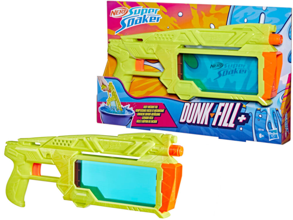 Wyrzutnia NERF Super Soaker Dunk-Fill+ G21465L0 Pistolet na wodę Nerf Super Soaker Dunk Fill zaprezentowany obok oryginalnego kolorowego opakowania Hasbro.