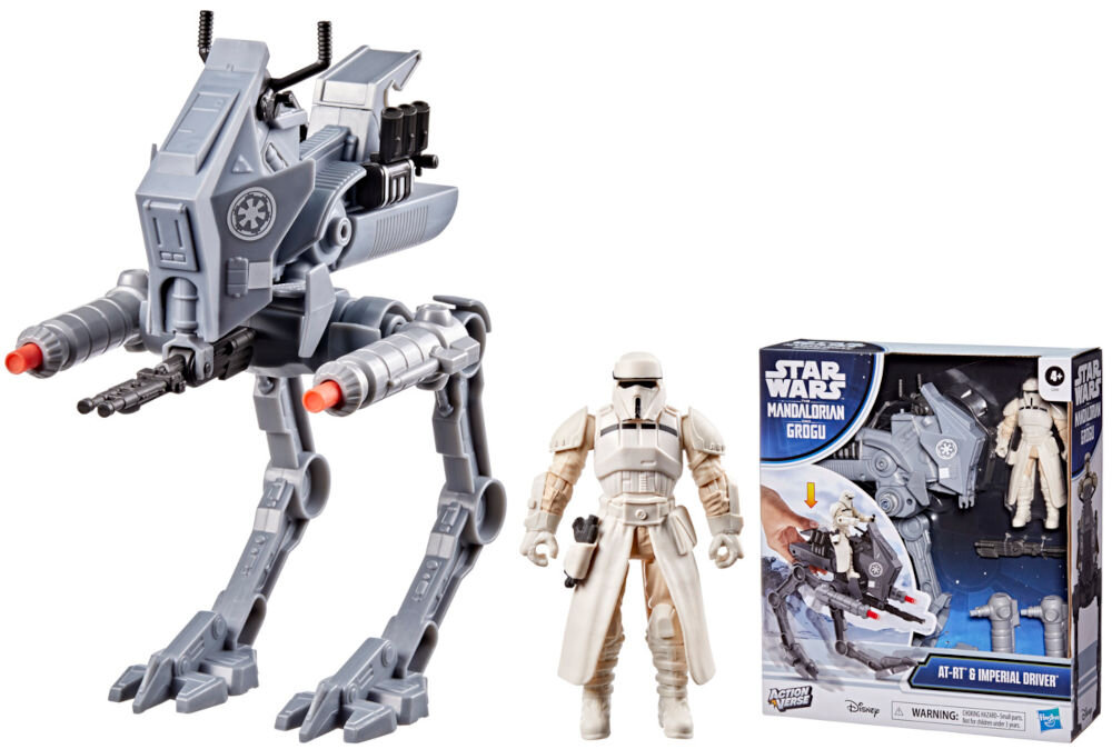 Figurka HASBRO Star Wars ActionVerse AT-RT Vehicle G28405L0 Kompletny zestaw Hasbro Star Wars: maszyna krocząca AT-RT, figurka Imperial Driver oraz oryginalne opakowanie z serii Mission Fleet. Produkt prezentowany na czystym, białym tle.