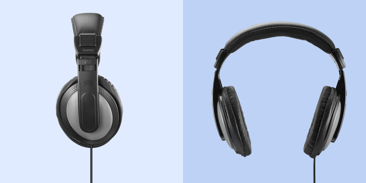 Słuchawki nauszne Hama Shell Czarny Pełne odcięcie od hałasu - na niebieskim tle słuchawki bokiem i przodem