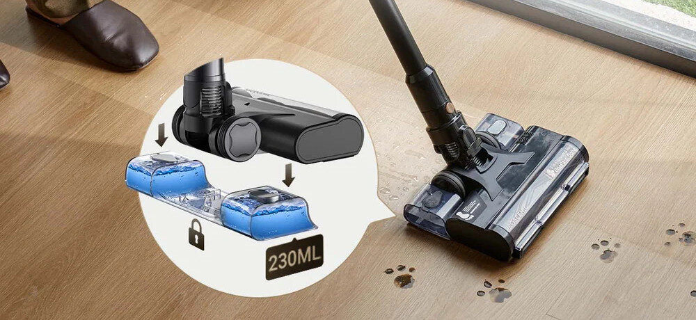 Odkurzacz PROSCENIC P20 OnePass Odkurzanie i mopowanie 2w1 Funkcja jednoczesnego odkurzania i mopowania kurz, jak i plamy w jednym kroku Zbiornik na wodę 230 ml zbliżenie na zbiornik