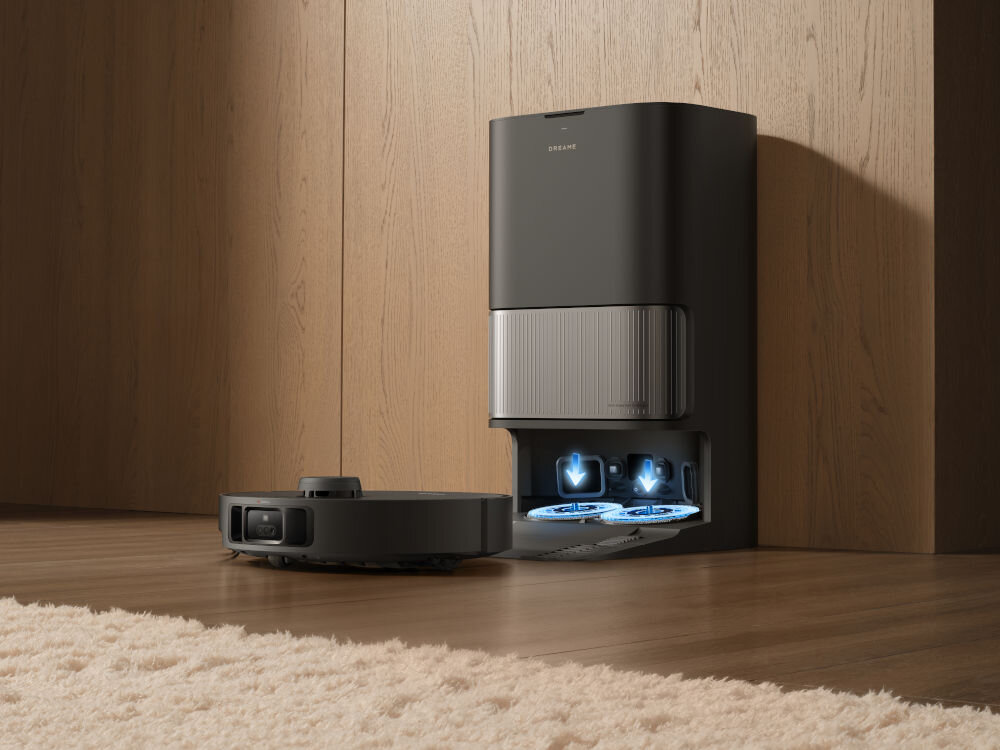 Robot sprzątający DREAME L40S Pro Ultra Czarny robot wyjeżdżający ze stacji dokującej czyszczenie padów mopujących temperatura 75 stopni suszenie ciepłym powietrzem automatyczne uzupełniania na około 100 dni system autocelan