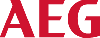 Logo AEG w czerwonym kolorze na przezroczystym tle.