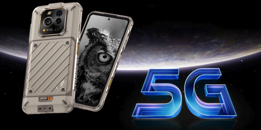Obraz przedstawia smartfon w solidnej, szarej obudowie z widocznymi elementami konstrukcyjnymi oraz ekranem wyświetlającym zdjęcie sowy. Obok telefonu znajduje się duży napis \'5G\' w niebieskim kolorze.
