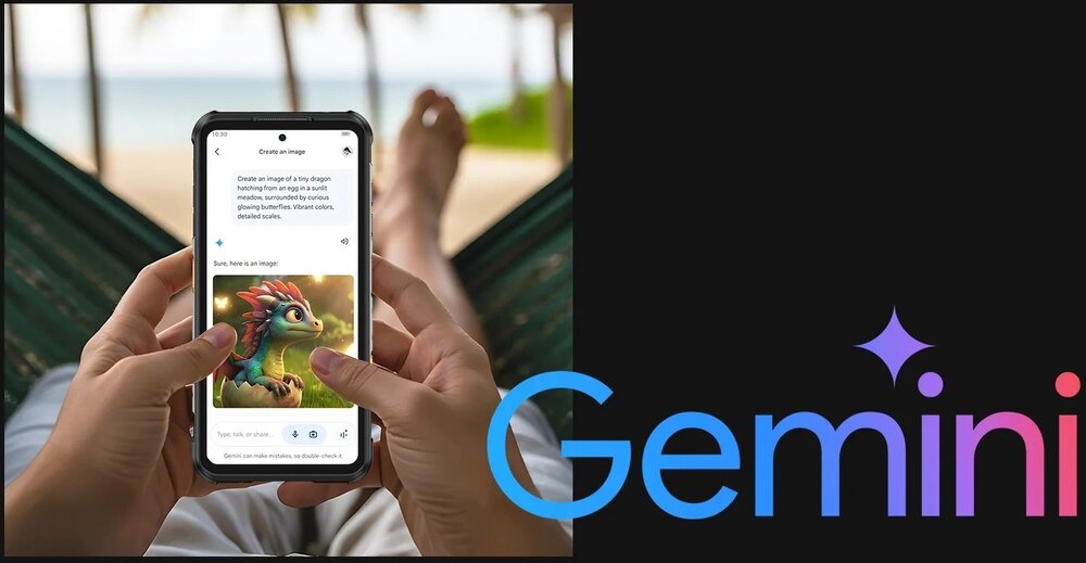 Osoba trzyma smartfon, na którym wyświetlana jest aplikacja z tekstem i obrazkiem kolorowego smoka. Obok widoczne jest logo \'Gemini\'.