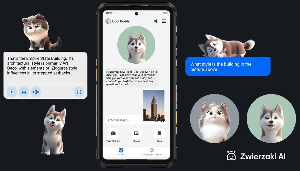 Obraz przedstawia ekran smartfona z aplikacją \'Cool Buddy\', na którym widoczny jest wirtualny piesek oraz zdjęcie Empire State Building. Wokół telefonu znajdują się różne ilustracje pieska oraz teksty, w tym: \'That\'s the Empire State Building. Its architectural style is primarily Art Deco, with elements of Ziggurat-style influences in its stepped setbacks.\' oraz \'What style is the building in the picture above\'.
