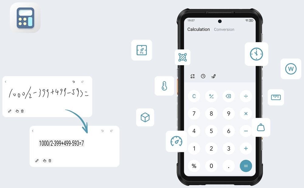 Obraz przedstawia smartfon z aplikacją kalkulatora na ekranie, gdzie widoczny jest tekst \'Calculation Conversion\'. Wokół telefonu znajdują się ikony symbolizujące różne funkcje, takie jak zegar, termometr i inne narzędzia.