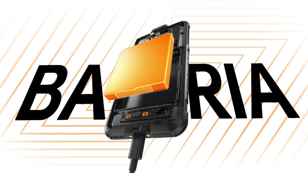Obraz przedstawia smartfon z widoczną baterią, na tle dużego napisu \'BATERIA\'.