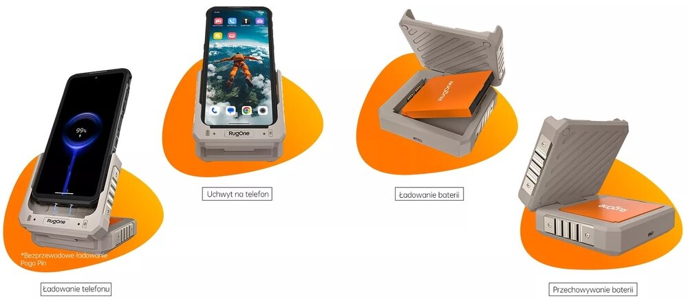 Obraz przedstawia smartfon umieszczony na uchwycie z logo \'Rugone\', z widocznym ekranem i ikoną ładowania na 99%. Obok znajdują się dwa urządzenia do ładowania i przechowywania baterii, z widocznymi napisami \'Ładowanie baterii\' i \'Przechowywanie baterii\'.