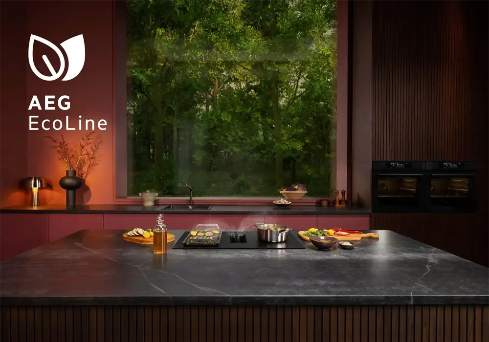Kuchnia z dużym oknem, przez które widać zieleń drzew. Na blacie znajduje się płyta indukcyjna z garnkami, a na ścianie widoczne jest logo \'AEG EcoLine\'.