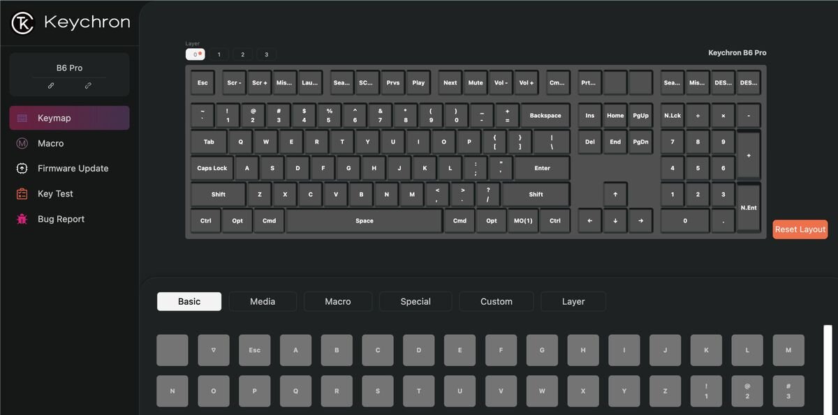 Keychron B6 Pro Keychron B6 Pro Keychron Launcher aplikacji webowej programować klawisze, tworzyć makra, przypisywać skróty dostosowywać układ Keychron Launcher mapowanie klawiszy - Zrzut ekranu dedykowanego oprogramowania systemowego służącego do mapowania i konfiguracji klawiszy klawiatury.