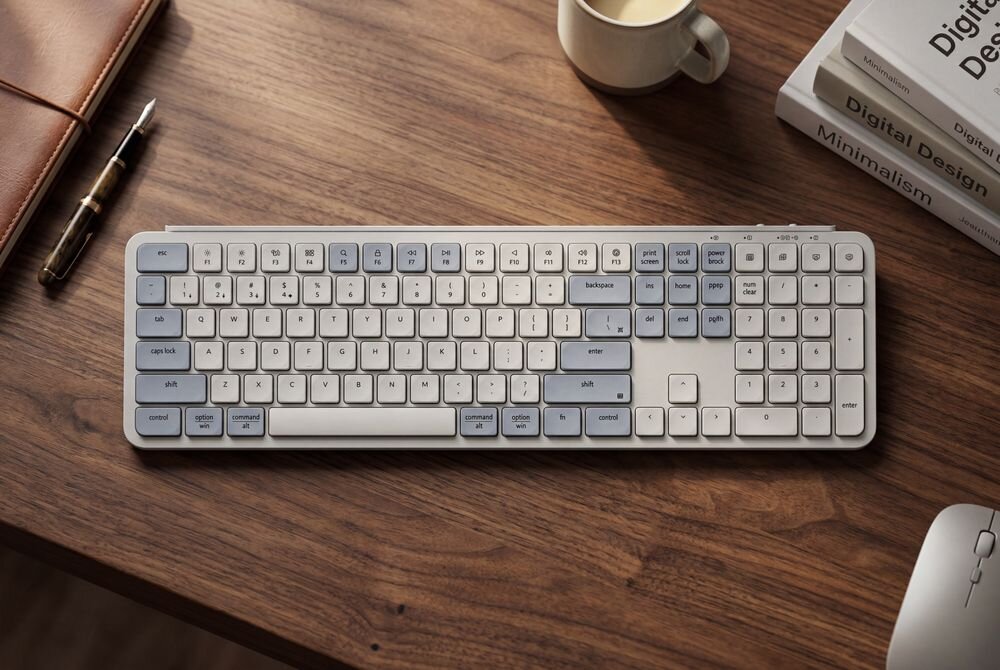 Keychron B6 Pro Keychron B6 Pro pełnowymiarowa, bezprzewodowa klawiatura lekka konstrukcja (623 g) trzy tryby łączności, Mechanizm nożycowy (scissor switch) pełne wsparcie dla ZMK Launcher - Klawiatura leżąca na drewnianym blacie roboczym w otoczeniu filiżanki kawy, notesu oraz przewodów zasilających.