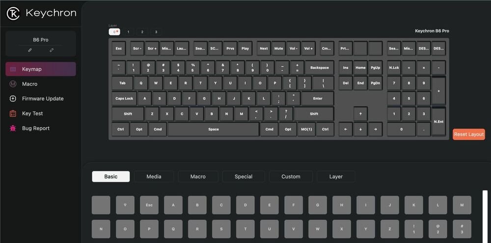 Keychron B6 Pro Keychron B6 Pro Keychron Launcher aplikacji webowej programować klawisze, tworzyć makra, przypisywać skróty dostosowywać układ Keychron Launcher mapowanie klawiszy - Zrzut ekranu dedykowanego oprogramowania systemowego służącego do mapowania i konfiguracji klawiszy klawiatury.