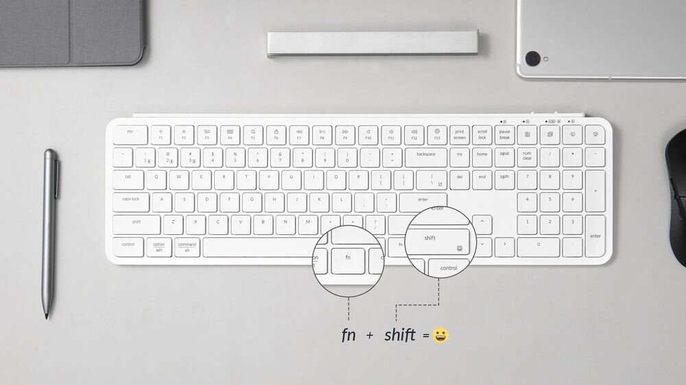 Keychron B6 Pro Szybki dostęp do emotikonów użycie skrótu Fn + Shift wywołać panel emotikonów emotikonów - Klawiatura umieszczona na biurku w otoczeniu rysika i urządzeń mobilnych, z dodaną grafiką informacyjną prezentującą kombinację klawiszy.