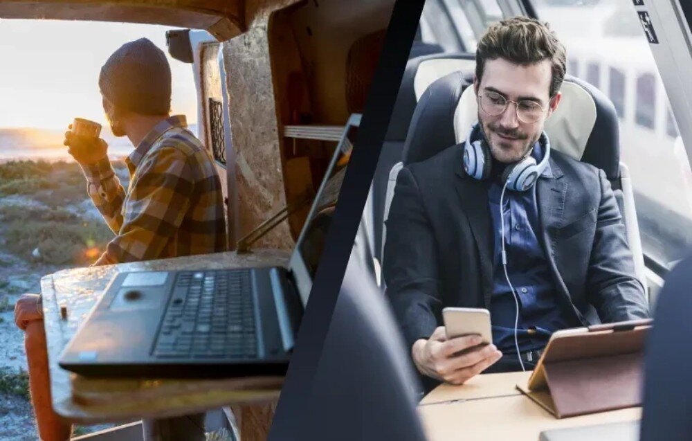 Router NETGEAR Nighthawk M3 5G Kolarz dwóch zdjęć: po lewej mężczyzna pije z kubka przy laptopie w aucie, po prawej mężczyzna w garniturze korzysta ze smartfona i tabletu w pociągu, łączność, prędkość, pasma