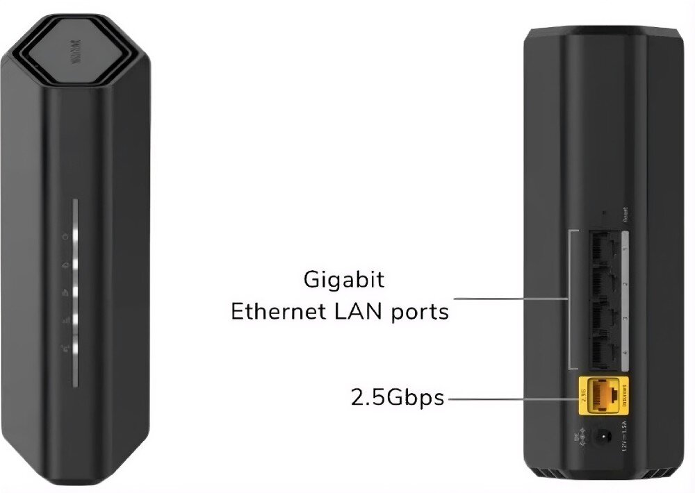 Router NETGEAR Nighthawk RS100 Dwa ujęcia routera przedstawiające przedni panel z diodami sygnalizacyjnymi oraz tylny panel z portami ethernet i żółtym gniazdem WAN, porty Ethernet