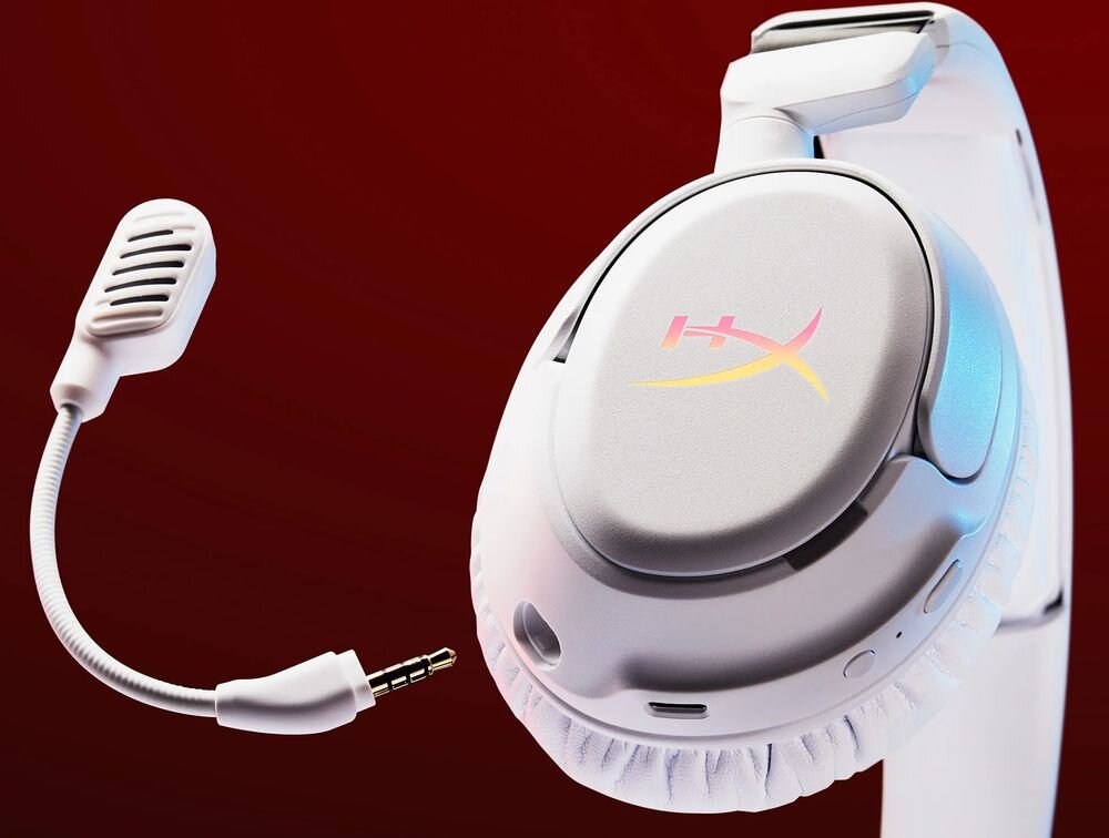 Słuchawki HYPERX Cloud Flight 2 mikrofon odłączany wbudowany komunikacja głosowa gaming, słuchawki wraz z odłączanym mikrofonem na ciemnym tle