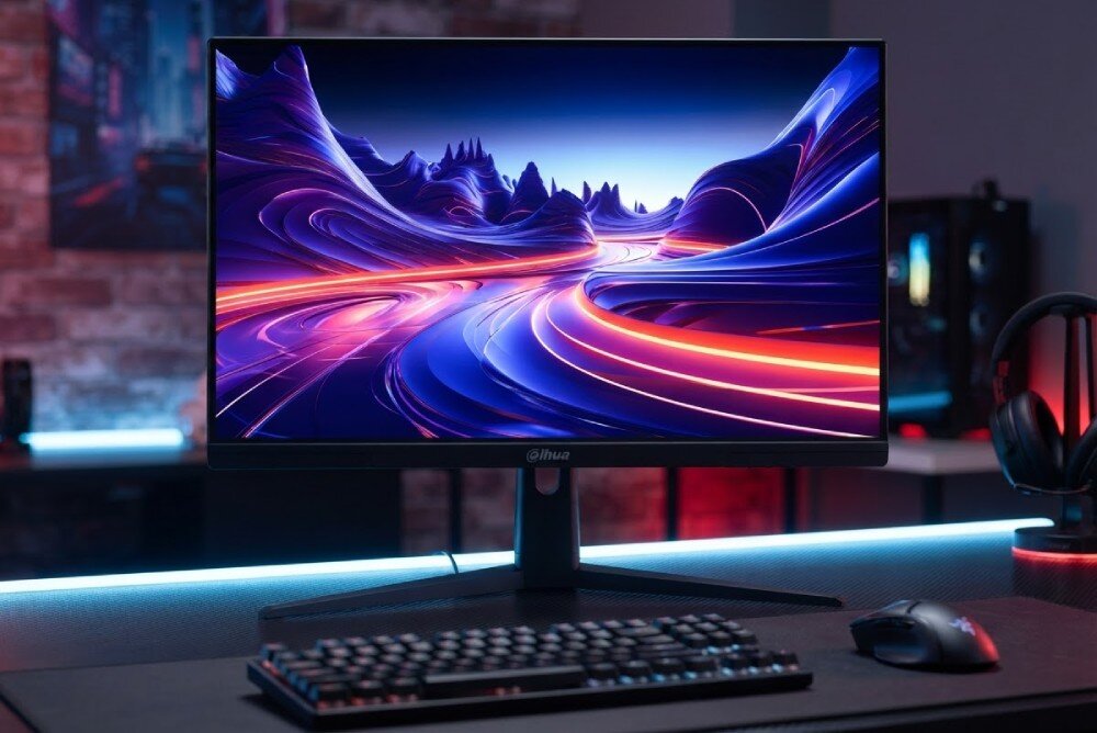 Monitor DAHUA LM25-E241B Monitor komputerowy stojący na biurku na tle ceglanej ściany, przed którym leżą klawiatura i mysz