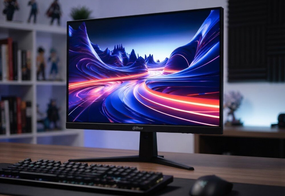 Monitor DAHUA LM25-E241B Monitor ustawiony na drewnianym biurku, widoczny pod lekkim kątem obok regału z książkami i figurkami