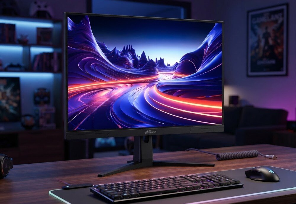 Monitor DAHUA LM25-E241B Monitor na biurku w ciemnym pokoju z podświetleniem, obok podkładki, klawiatury oraz myszy